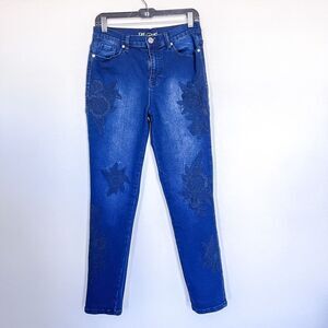 DG2 by Diane Gilman Women's‎ Cotton Blend Dark Wash Jeans with Floral Embroidery